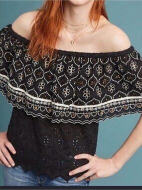 Anthro Off-Shoulder Black Embroidered Ruffle Top